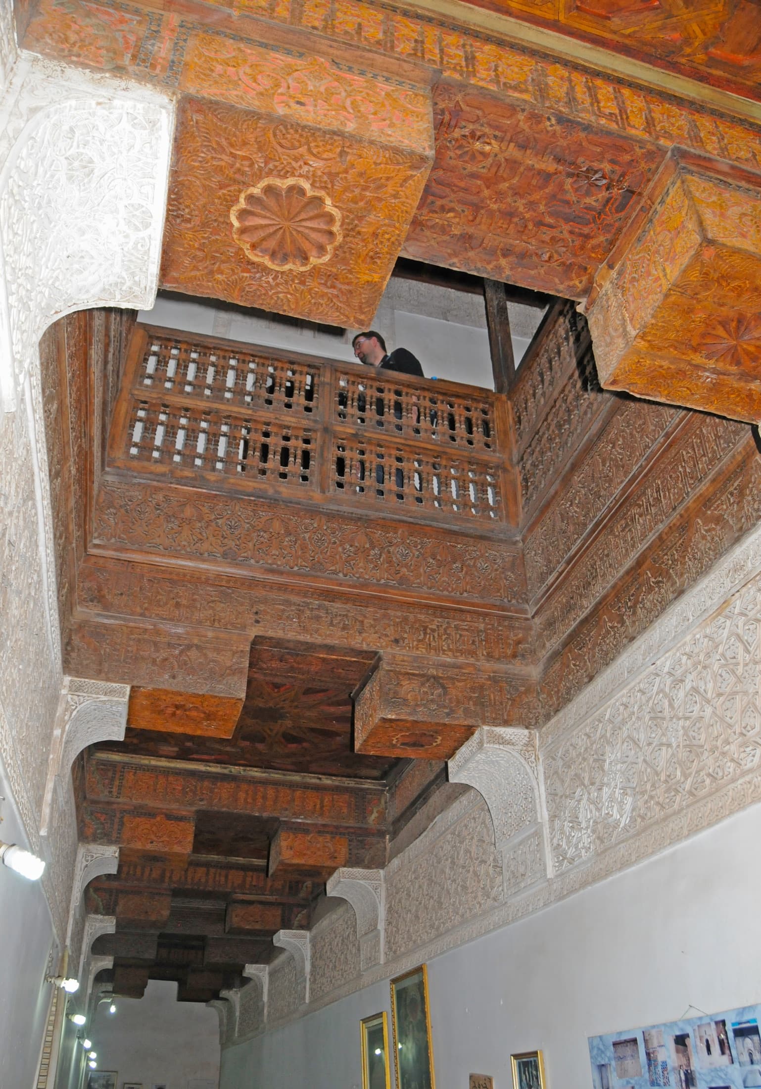 Carved cedar wood balconies in the Medersa Ben Youssef